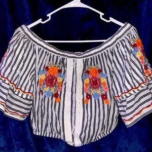 Embroidered Off Shoulder Crop w/ Flounced Sleeves